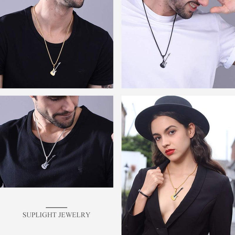 Suplight Silver Electric Guitar Charm for Men Women Rock Punk Music Jewelry Stainless Steel Custom Engrave Guitar Bass Pendant Necklace - Image 2
